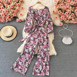 Waistband Lace-up Shows Thin Floral Square Neck Jumpsuit - Nioor