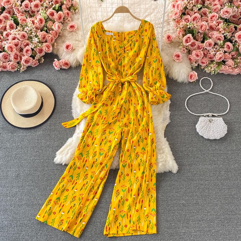 Waistband Lace-up Shows Thin Floral Square Neck Jumpsuit - Nioor