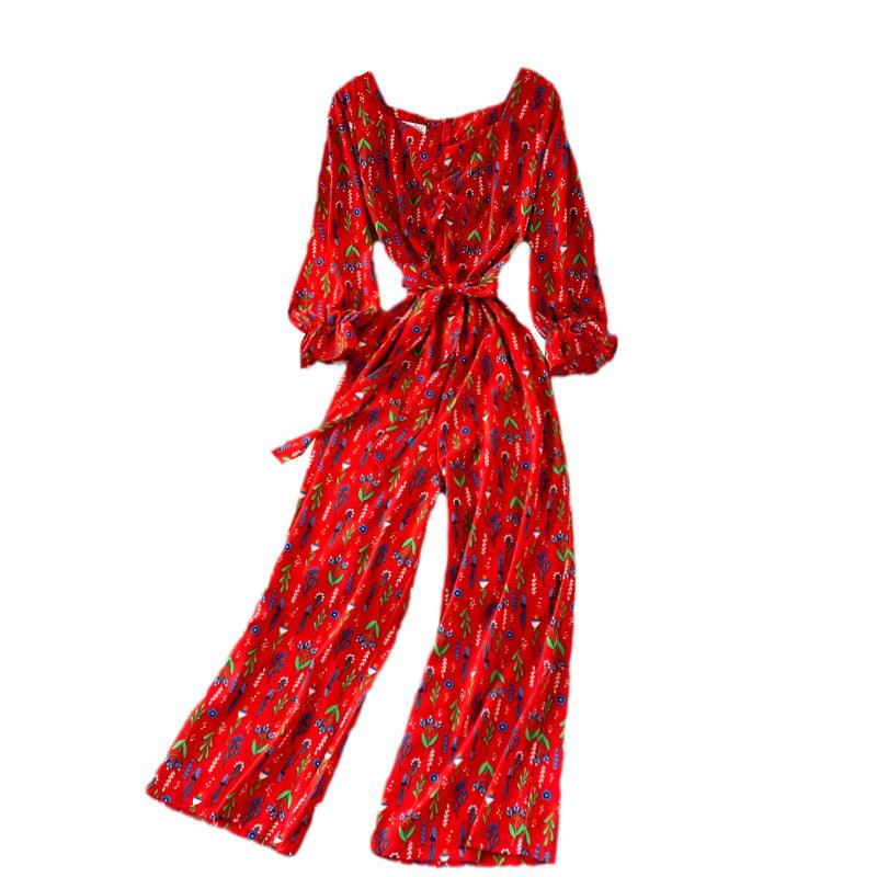 Waistband Lace-up Shows Thin Floral Square Neck Jumpsuit - Nioor