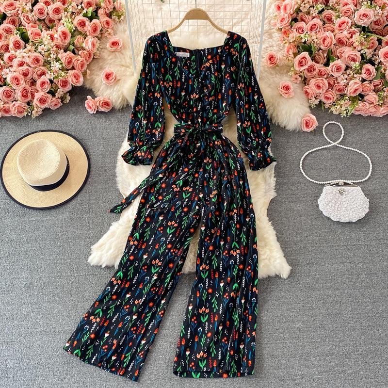 Waistband Lace-up Shows Thin Floral Square Neck Jumpsuit - Nioor