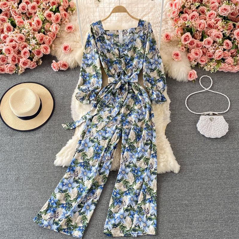 Waistband Lace-up Shows Thin Floral Square Neck Jumpsuit - Nioor