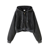 Washed Plush Zipper Hooded Sweater Retro Hot Girl Blouse - Nioor