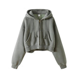 Washed Plush Zipper Hooded Sweater Retro Hot Girl Blouse - Nioor