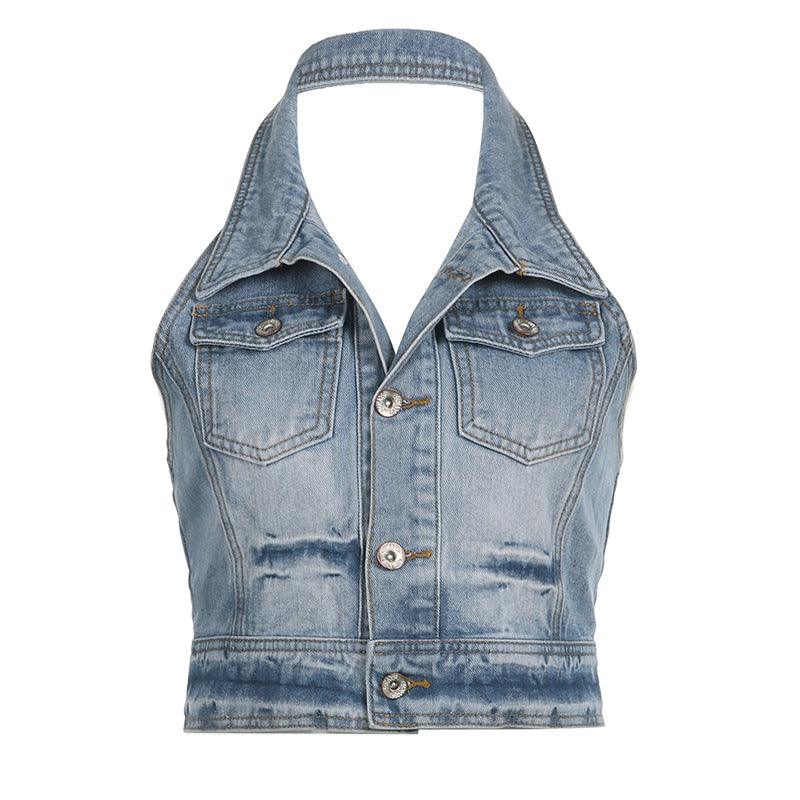 Washed Wear White Personality Clinch Halter Denim Vest - Nioor