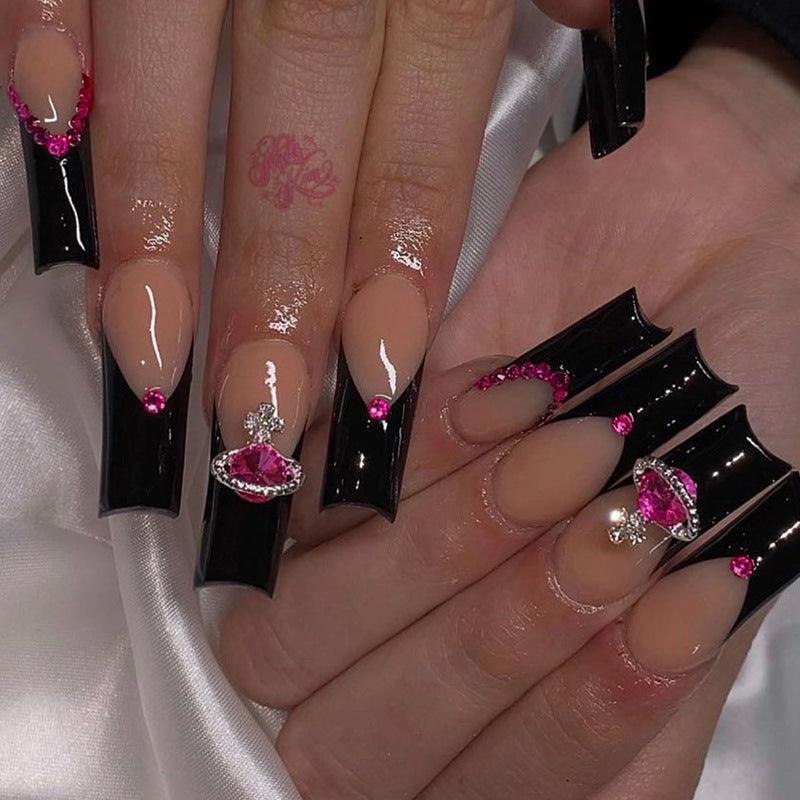 Wear Armor French Black Edge Nail Shaped Piece Queen Mother Rose Rhinestone Fake Nails - Nioor