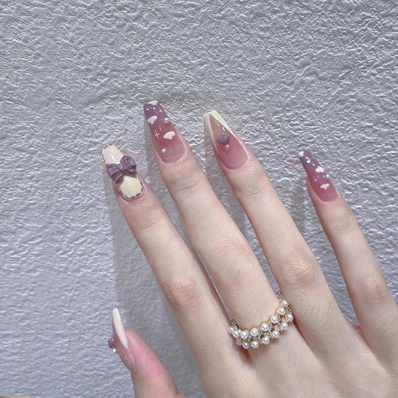 Wear Nail Milk Flavor Taro Taro Purple Gradient Nebula Flower Fake Nails Nail Stickers - Nioor