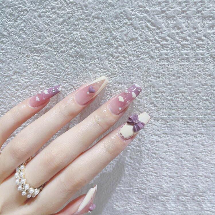 Wear Nail Milk Flavor Taro Taro Purple Gradient Nebula Flower Fake Nails Nail Stickers - Nioor