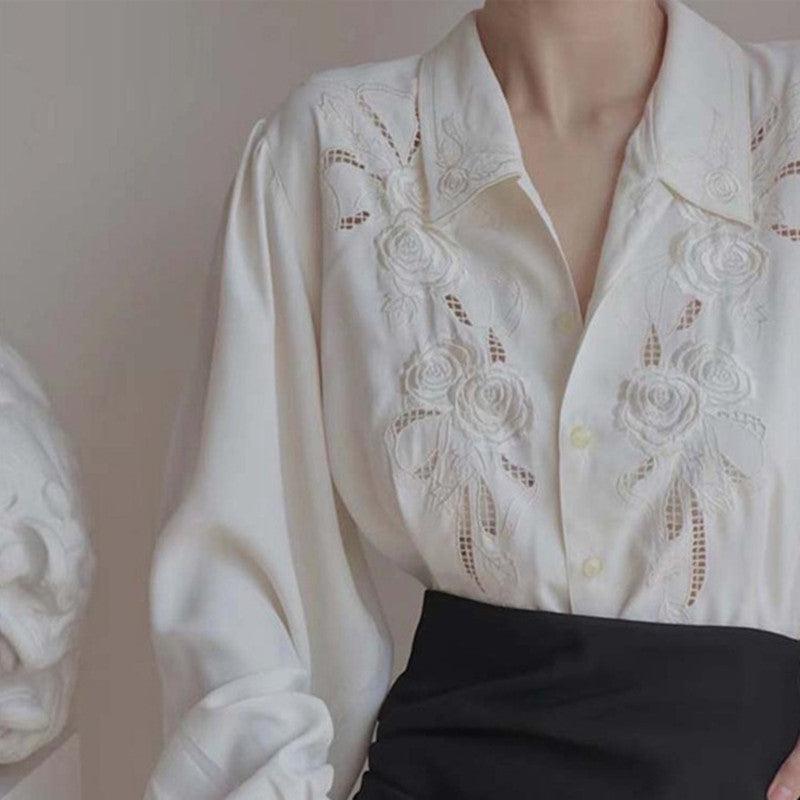 White Shirt Embroidered Hollow Shirt For Women - Nioor