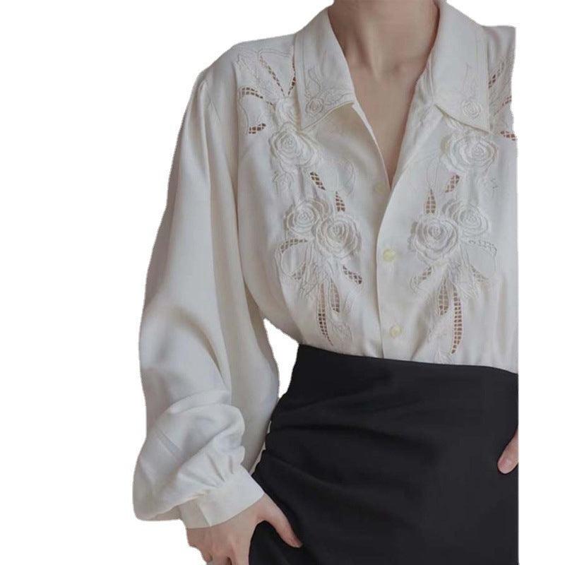 White Shirt Embroidered Hollow Shirt For Women - Nioor