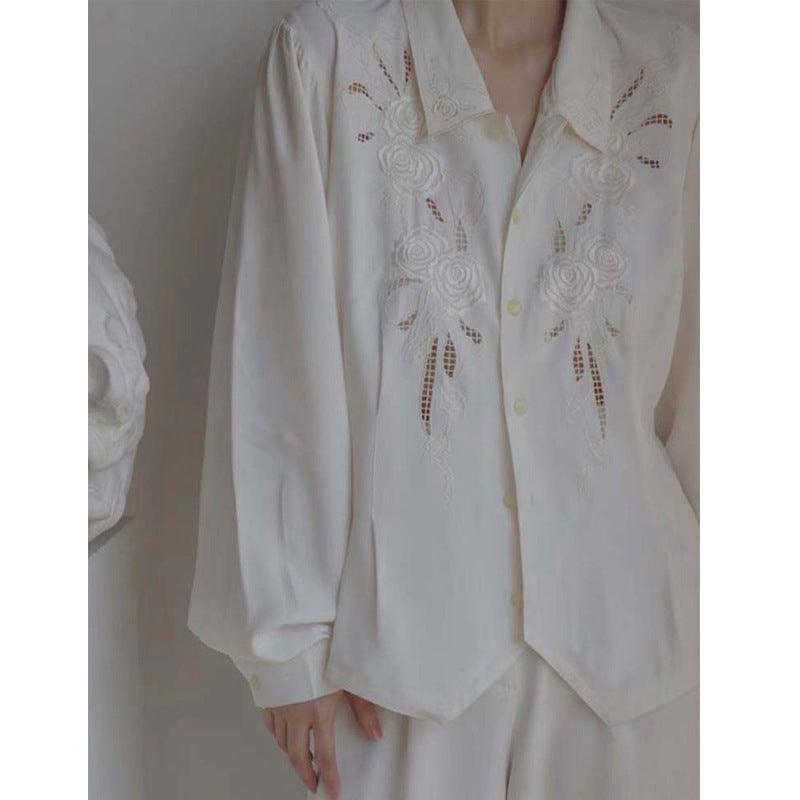 White Shirt Embroidered Hollow Shirt For Women - Nioor