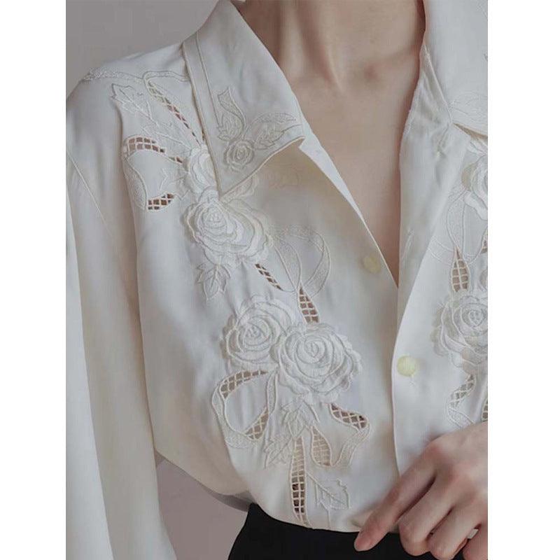 White Shirt Embroidered Hollow Shirt For Women - Nioor