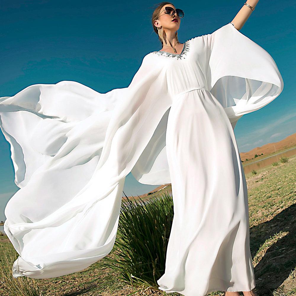 White V-neck Hand-stitched Diamond Cloak Large Swing Dress - Nioor