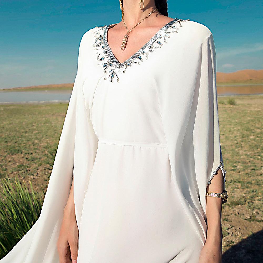 White V-neck Hand-stitched Diamond Cloak Large Swing Dress - Nioor