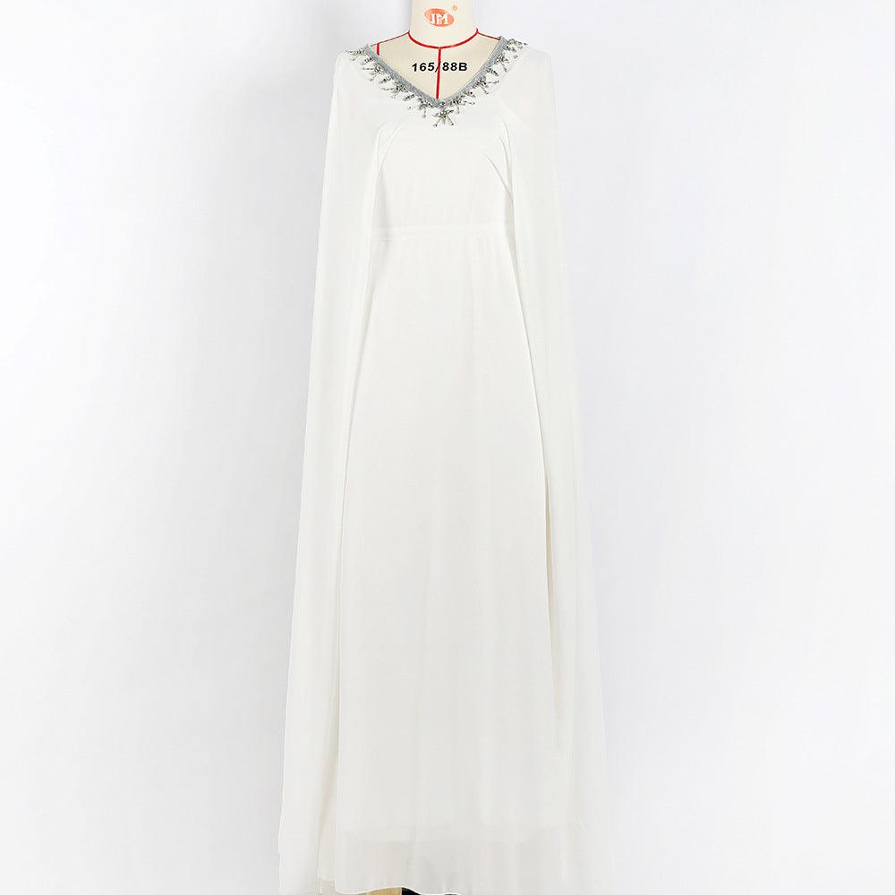 White V-neck Hand-stitched Diamond Cloak Large Swing Dress - Nioor