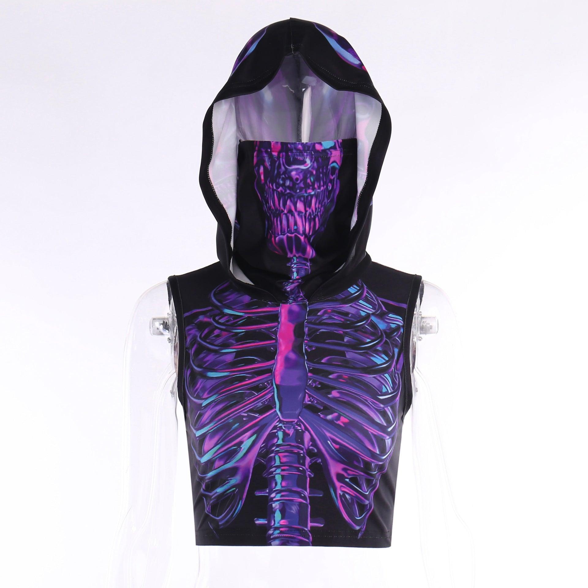 Wind Dark Hipster Turtleneck Hooded Skull Print Vest Top For Women - Nioor