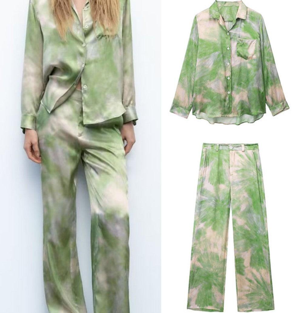 Wind Lapel Tie-dye Printed Shirt Casual Pants Suit - Nioor