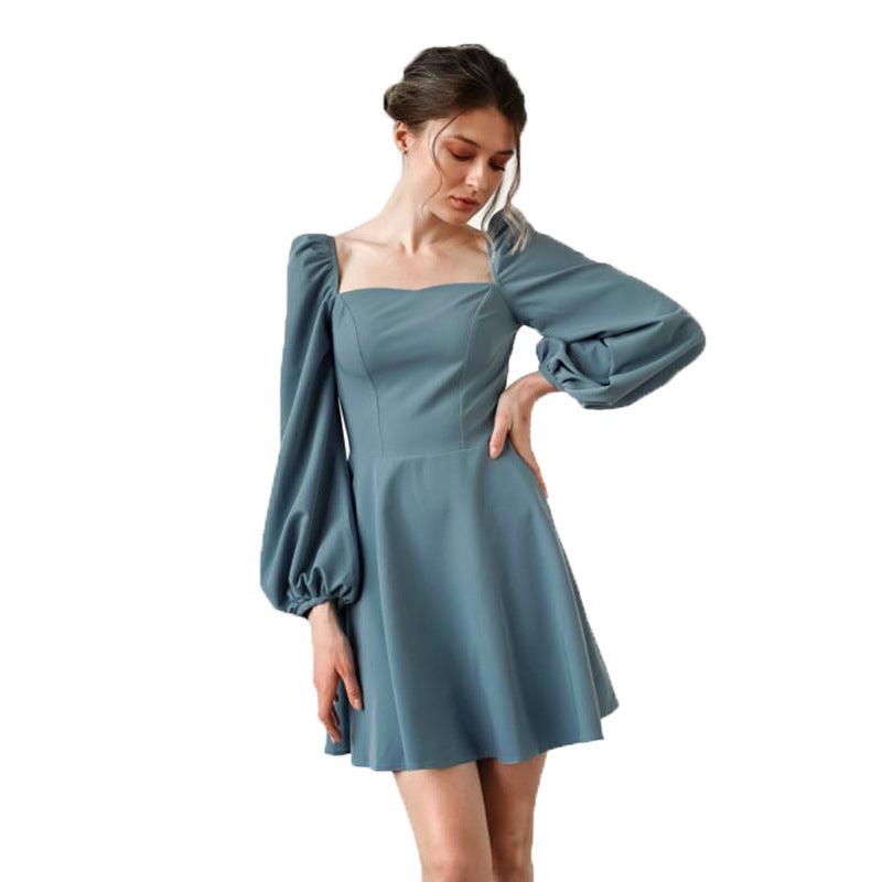 Women's A- Line Dress Square Collar Puff Sleeve High Waist - Nioor