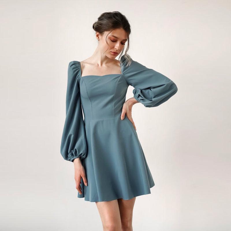 Women's A- Line Dress Square Collar Puff Sleeve High Waist - Nioor