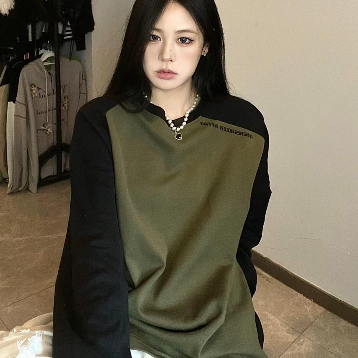 Women's American-style Retro Raglan Sleeve Color Contrast Patchwork Round Neck Long Sleeve - Nioor