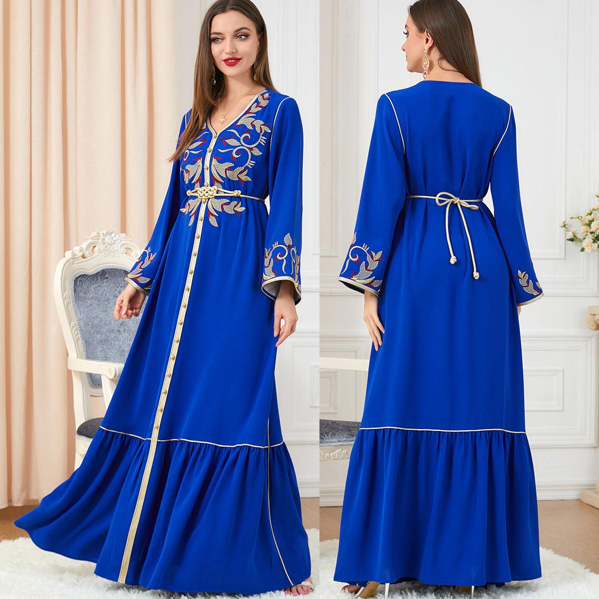 Women's Arabic Dress Embroidery Round-neck Long-sleeved Dress - Nioor