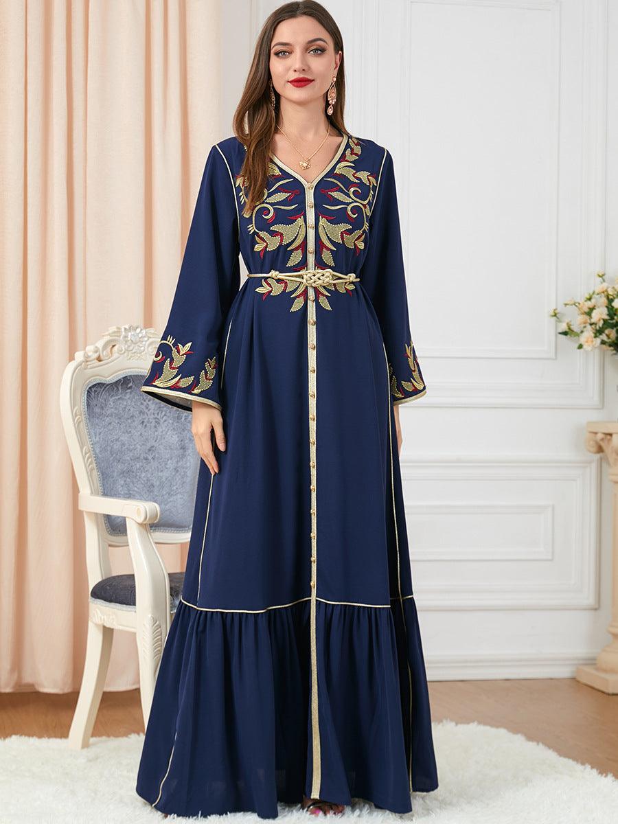 Women's Arabic Dress Embroidery Round-neck Long-sleeved Dress - Nioor