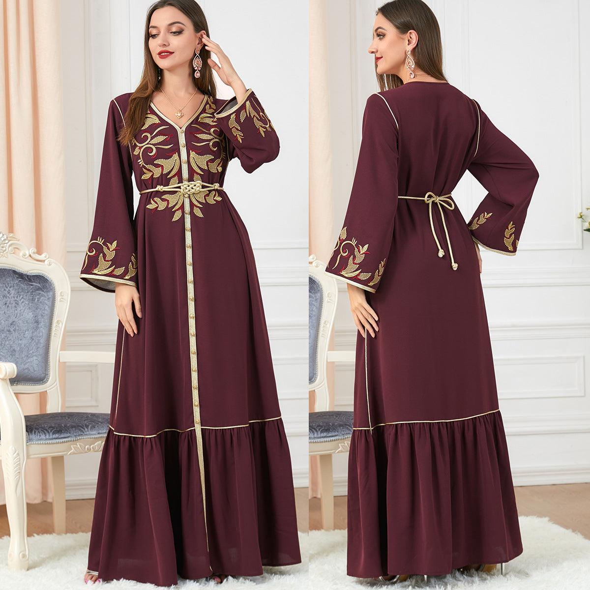 Women's Arabic Dress Embroidery Round-neck Long-sleeved Dress - Nioor