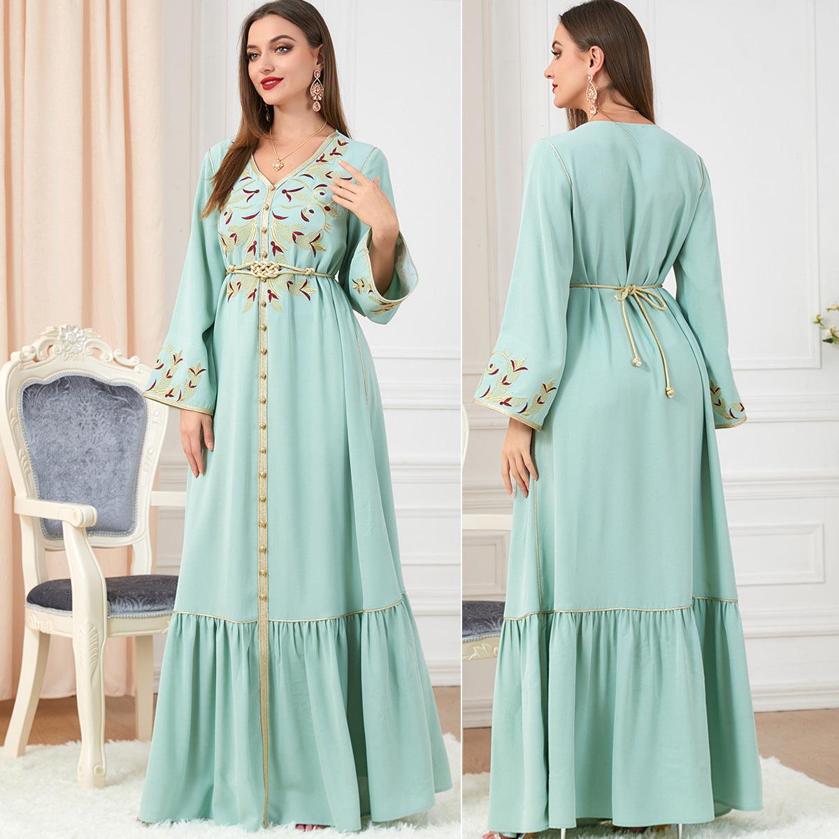 Women's Arabic Dress Embroidery Round-neck Long-sleeved Dress - Nioor