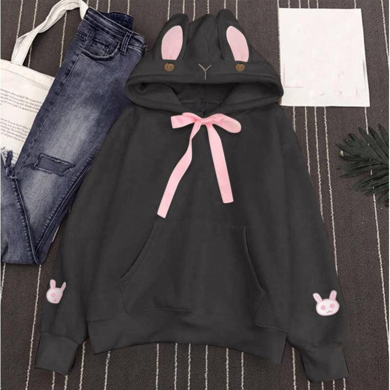 Women's Autumn And Winter Embroidered Cute Rabbit Ear Pocket Hoodie - Nioor