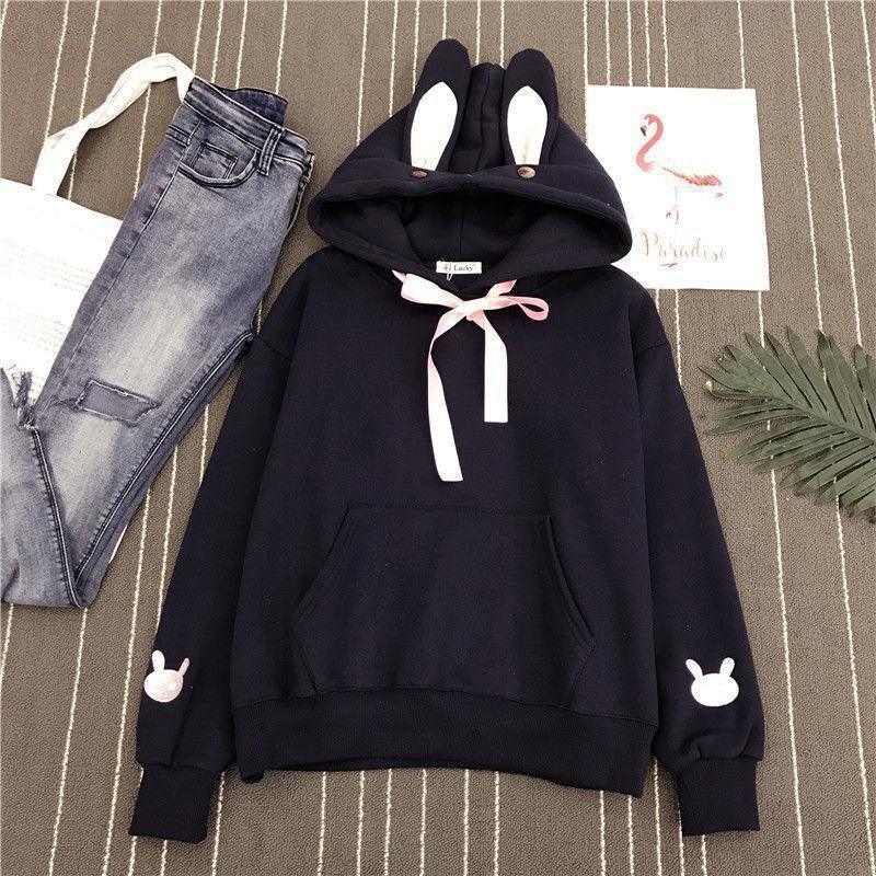 Women's Autumn And Winter Embroidered Cute Rabbit Ear Pocket Hoodie - Nioor