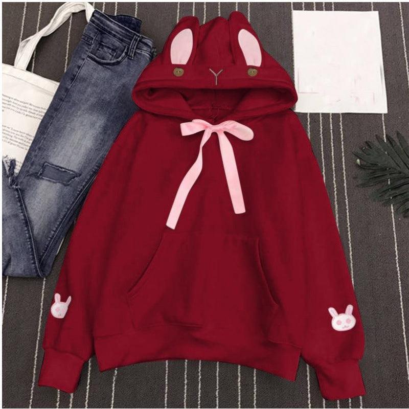 Women's Autumn And Winter Embroidered Cute Rabbit Ear Pocket Hoodie - Nioor