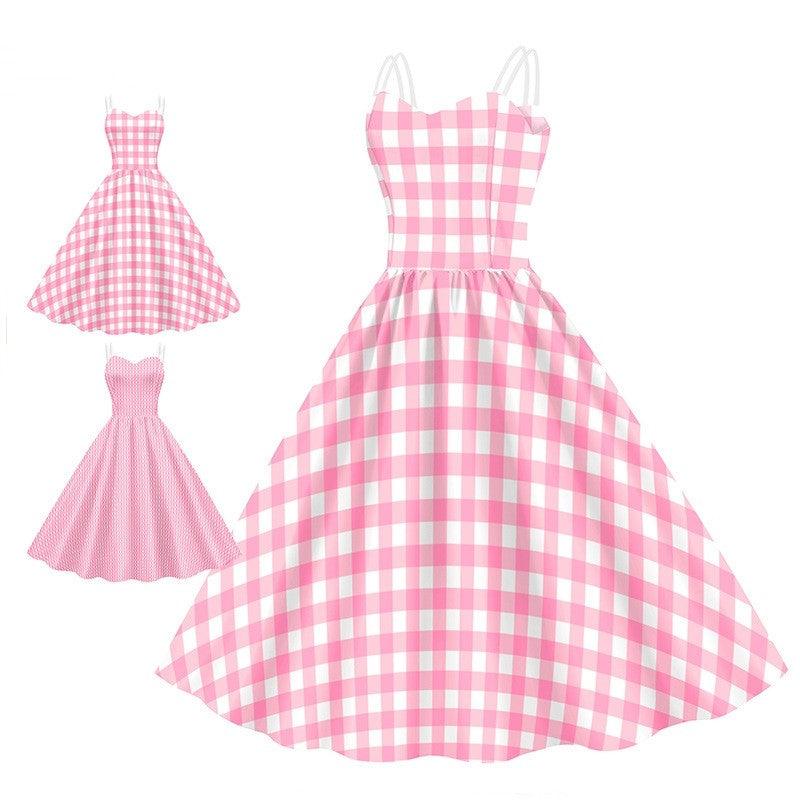 Women's Barbie Digital Print Pink Plaid Dress - Nioor