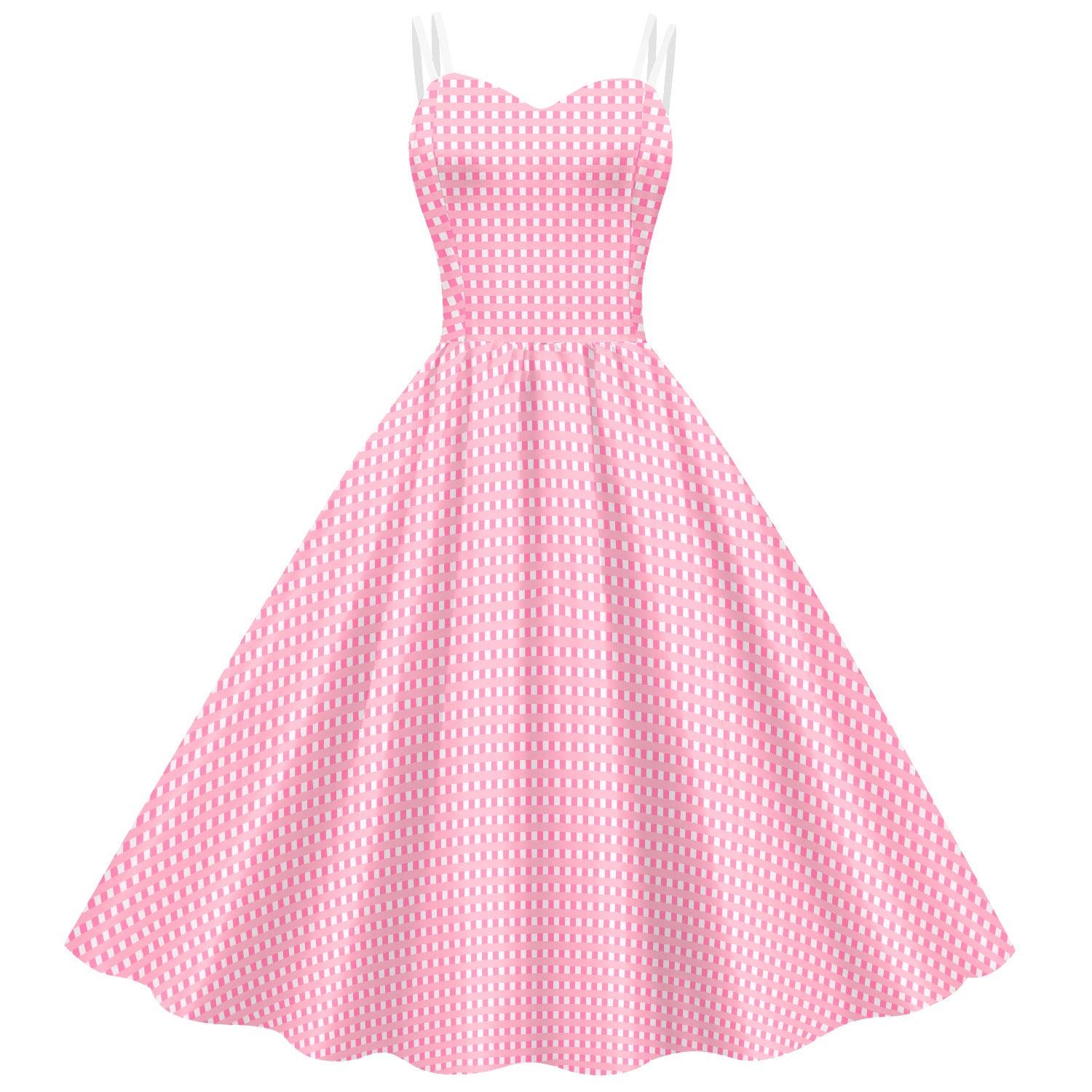 Women's Barbie Digital Print Pink Plaid Dress - Nioor