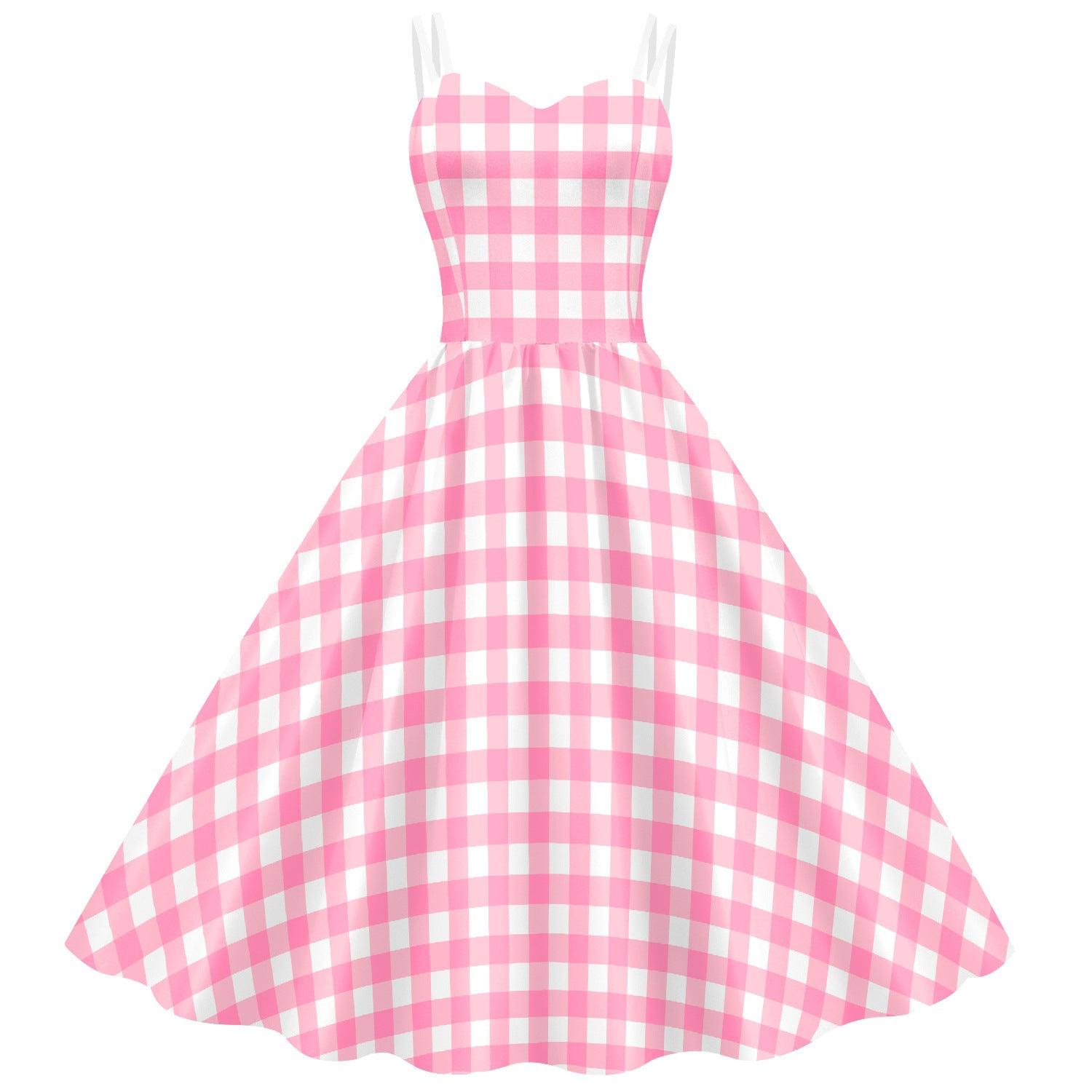 Women's Barbie Digital Print Pink Plaid Dress - Nioor