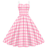 Women's Barbie Digital Print Pink Plaid Dress - Nioor