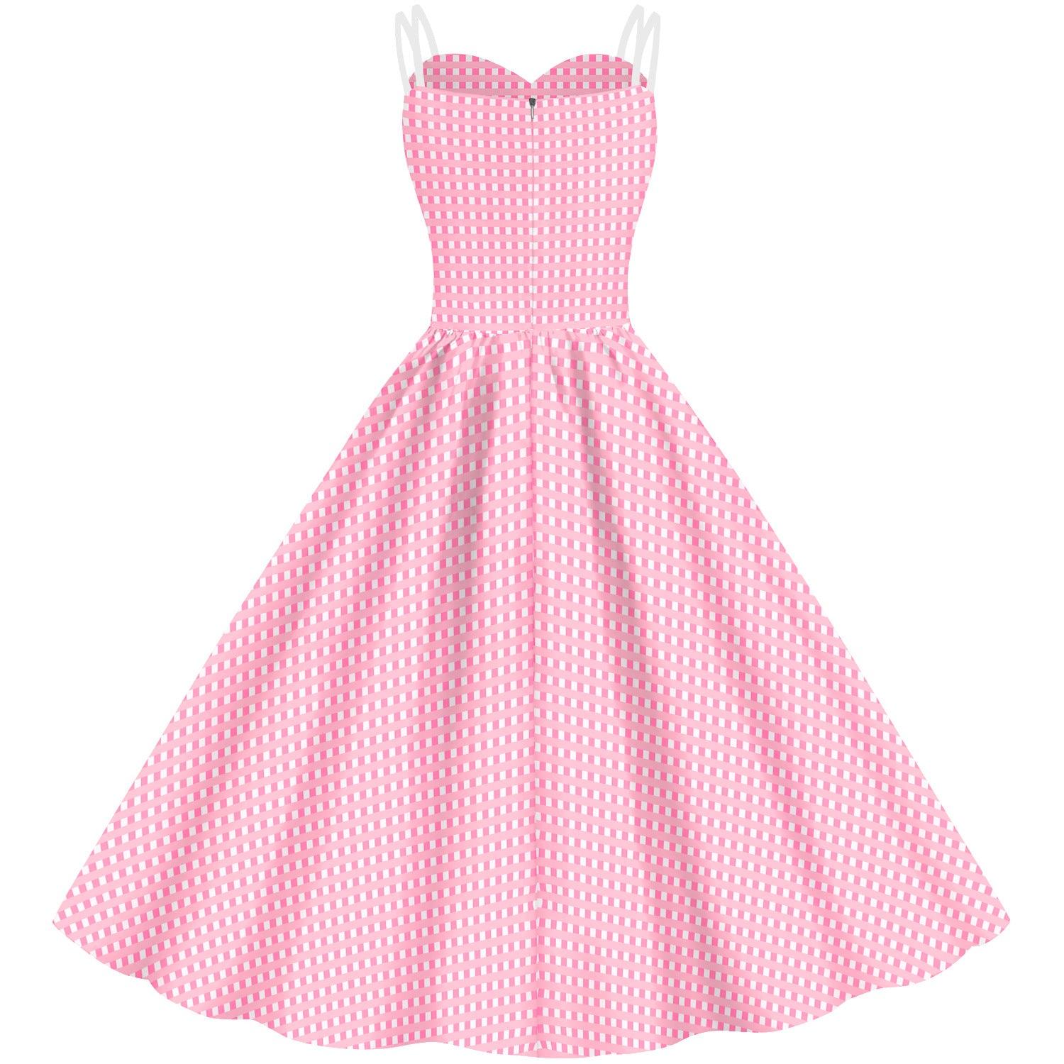 Women's Barbie Digital Print Pink Plaid Dress - Nioor