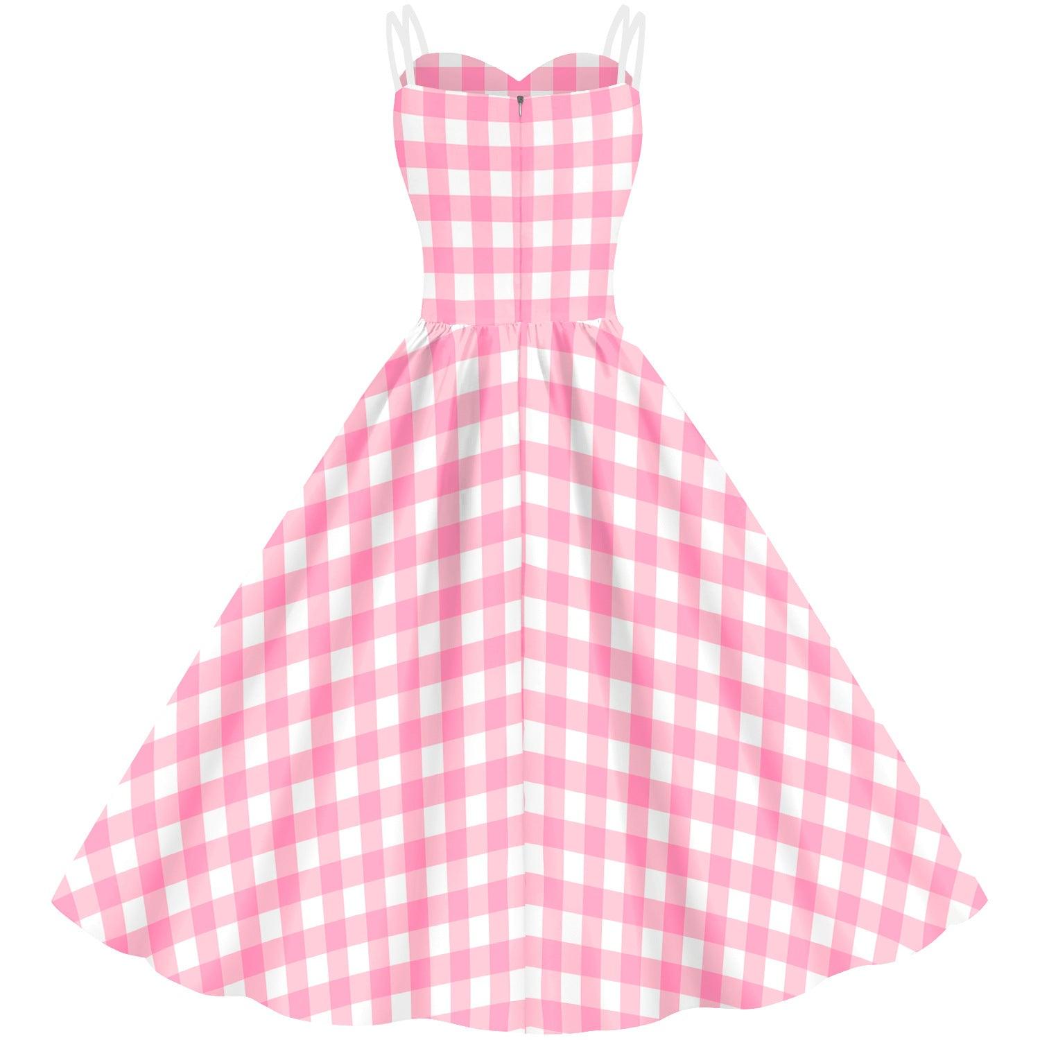 Women's Barbie Digital Print Pink Plaid Dress - Nioor