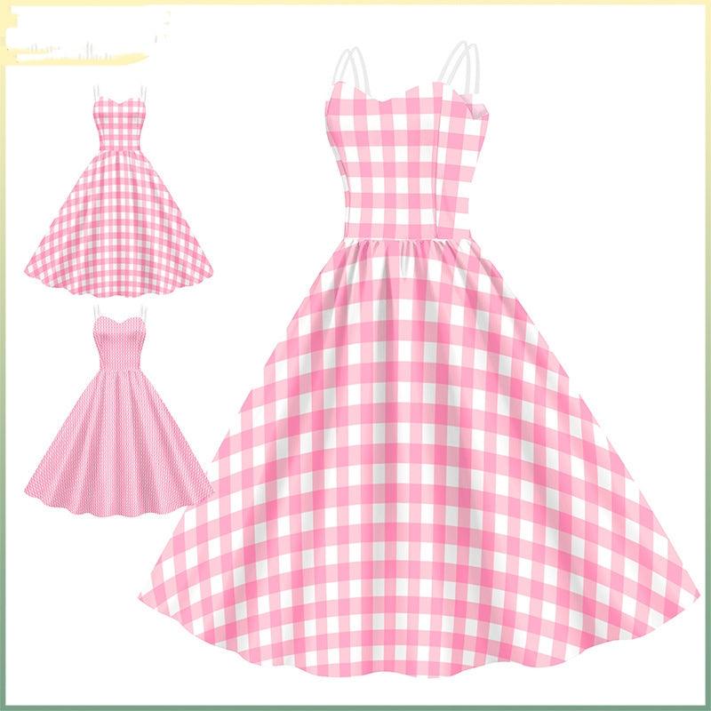 Women's Barbie Digital Print Pink Plaid Dress - Nioor