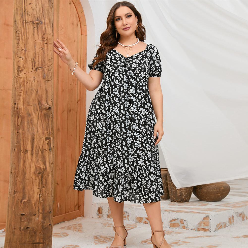 Women's Bubble Sleeve Ruffled Printed Elegant Slimming Dress - Nioor