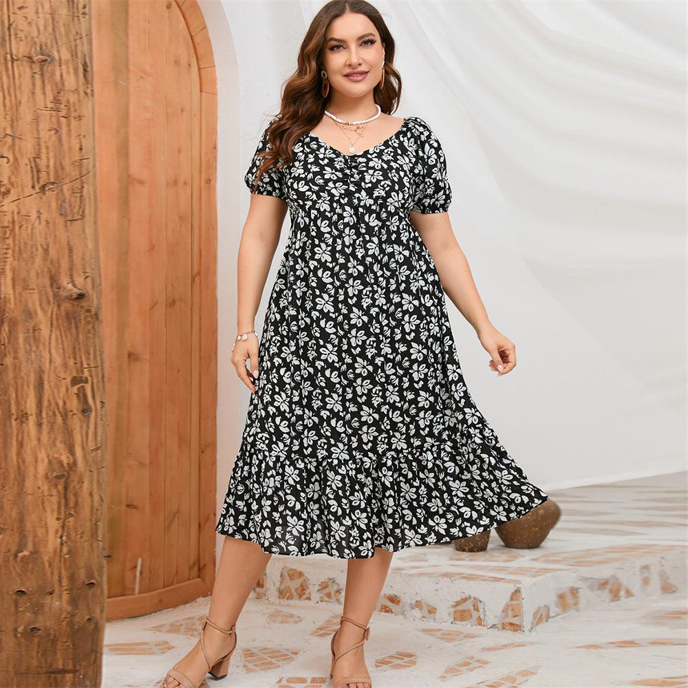 Women's Bubble Sleeve Ruffled Printed Elegant Slimming Dress - Nioor