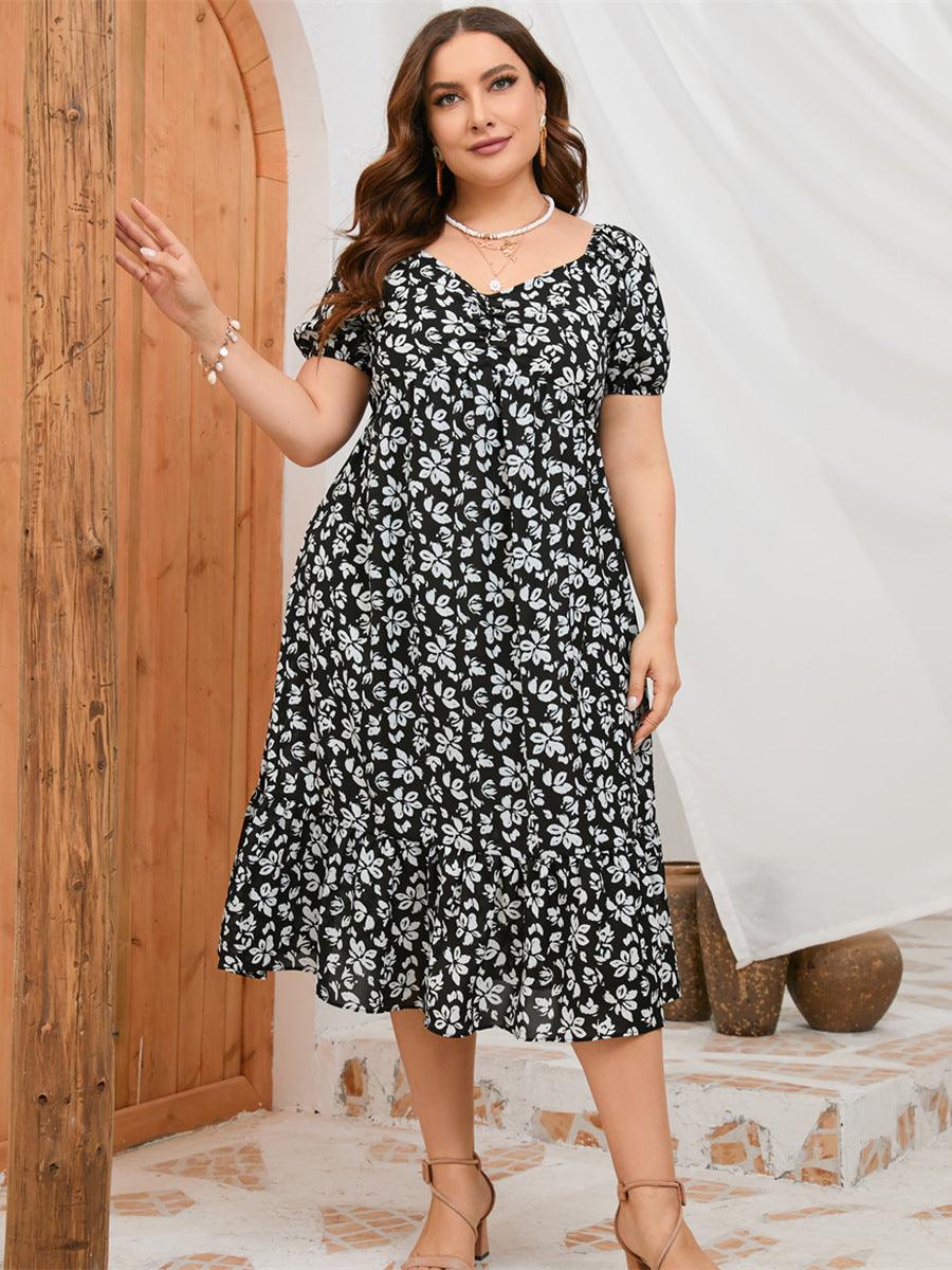 Women's Bubble Sleeve Ruffled Printed Elegant Slimming Dress - Nioor