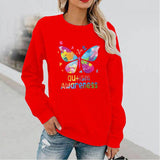 Women's Butterfly Print Long Sleeve Hoodless Round Neck Sweatshirt - Nioor