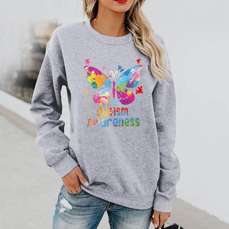 Women's Butterfly Print Long Sleeve Hoodless Round Neck Sweatshirt - Nioor