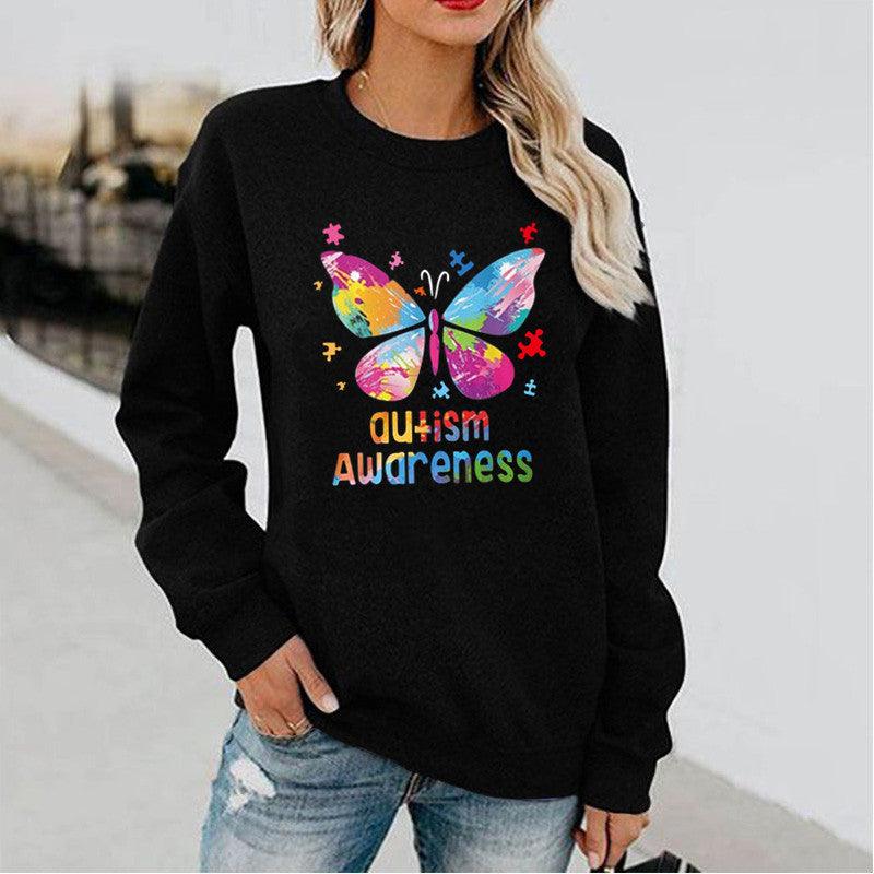 Women's Butterfly Print Long Sleeve Hoodless Round Neck Sweatshirt - Nioor