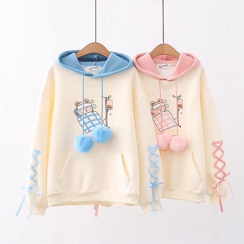 Women's Cartoon Printed Color Matching Fleece Thickened Sweater - Nioor