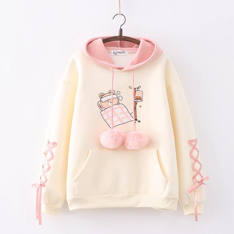 Women's Cartoon Printed Color Matching Fleece Thickened Sweater - Nioor