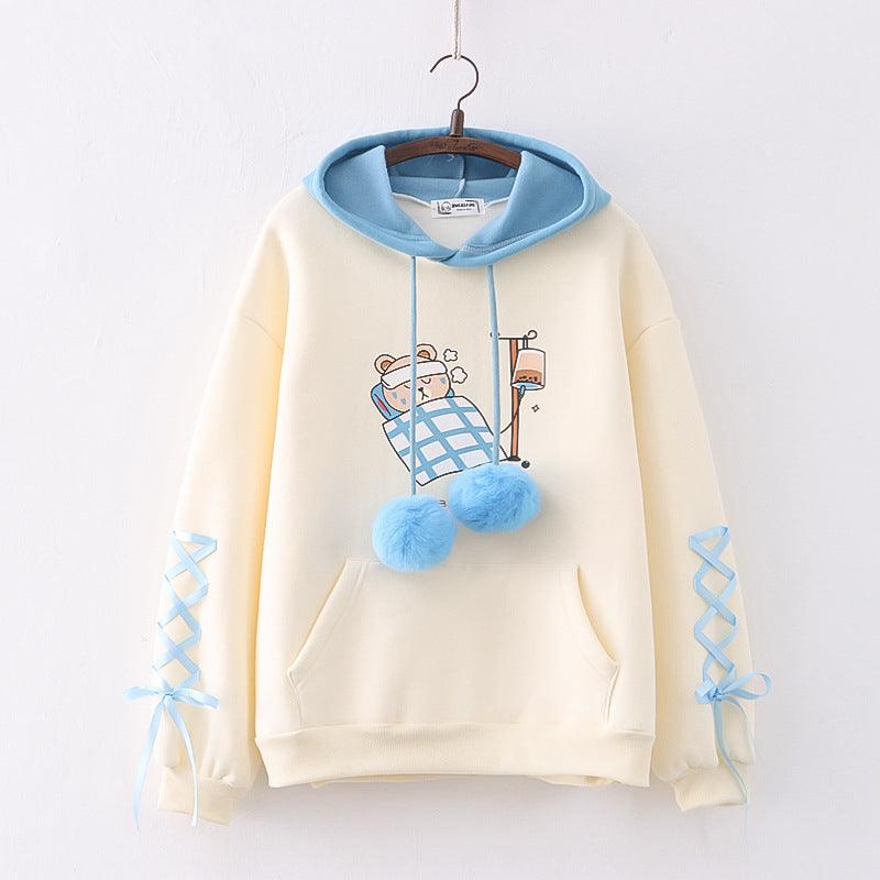 Women's Cartoon Printed Color Matching Fleece Thickened Sweater - Nioor