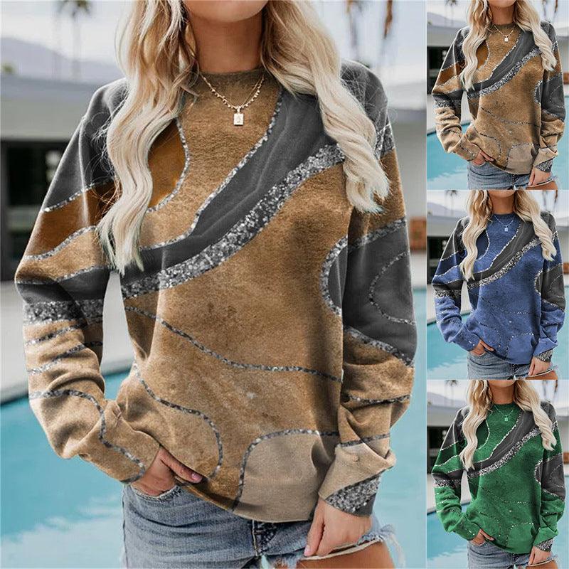 Women's Casual Geometric Loose Print Long Sleeve Round Neck Sweater - Nioor