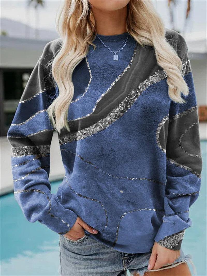 Women's Casual Geometric Loose Print Long Sleeve Round Neck Sweater - Nioor