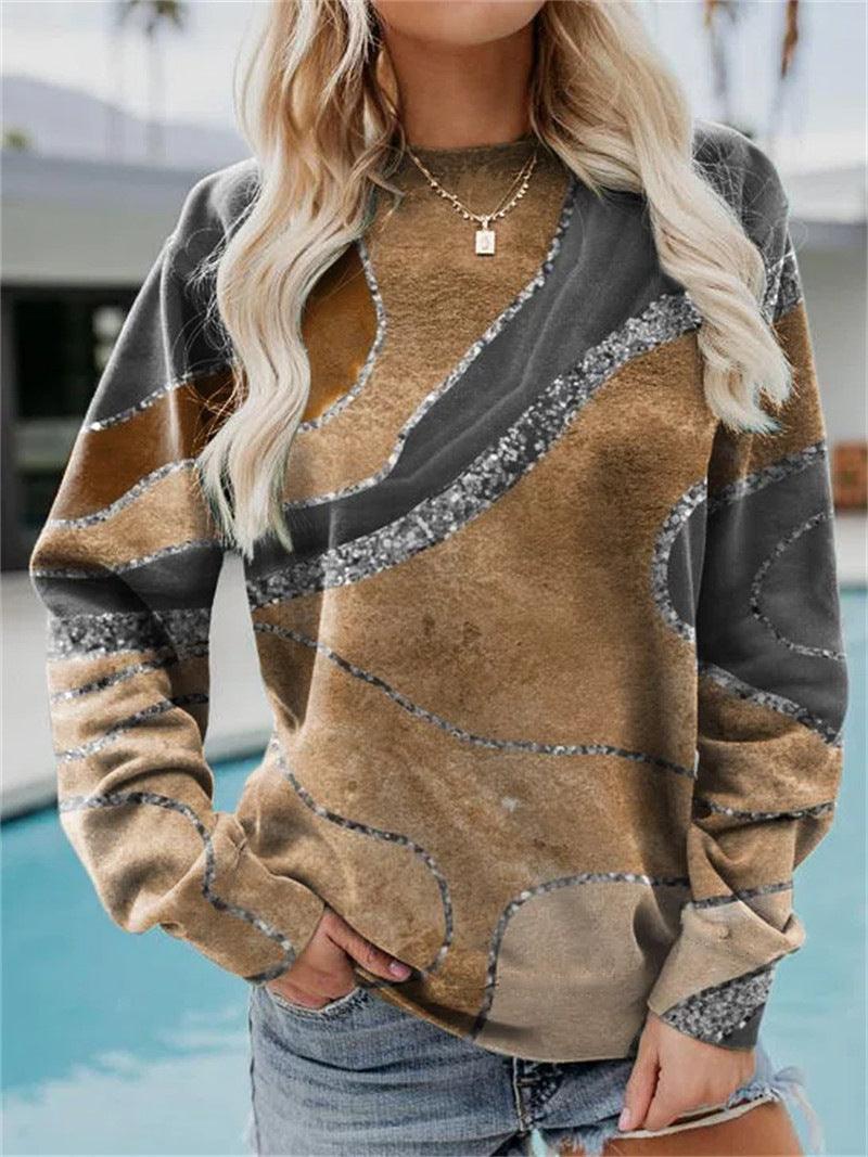 Women's Casual Geometric Loose Print Long Sleeve Round Neck Sweater - Nioor