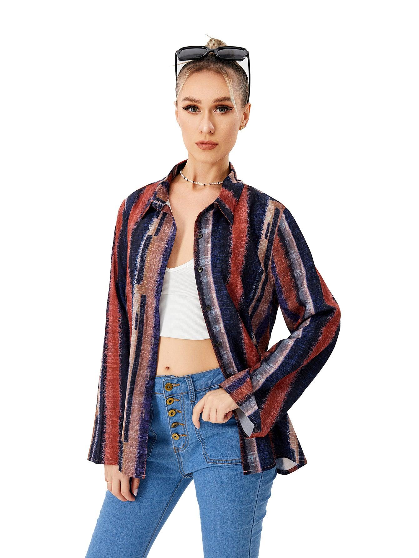 Women's Casual Loose Striped Shirt - Nioor